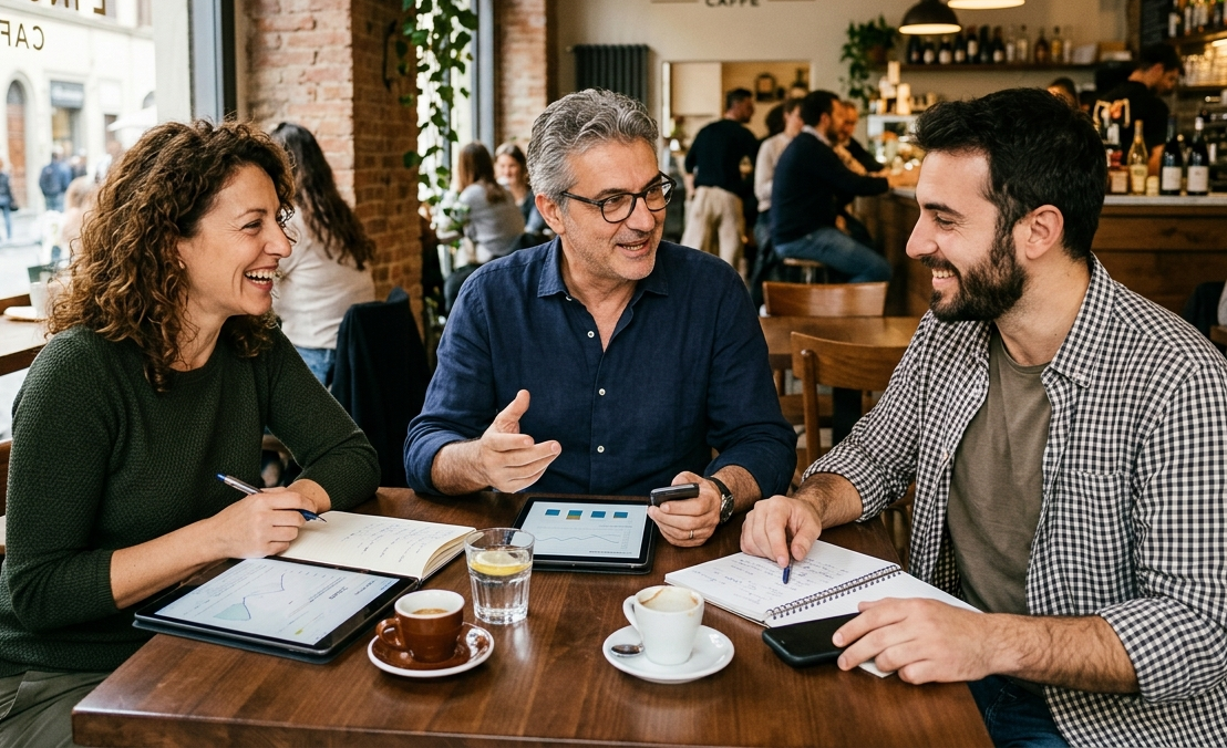 Scrivania organizzata con laptop, grafici finanziari e tazza di caffè