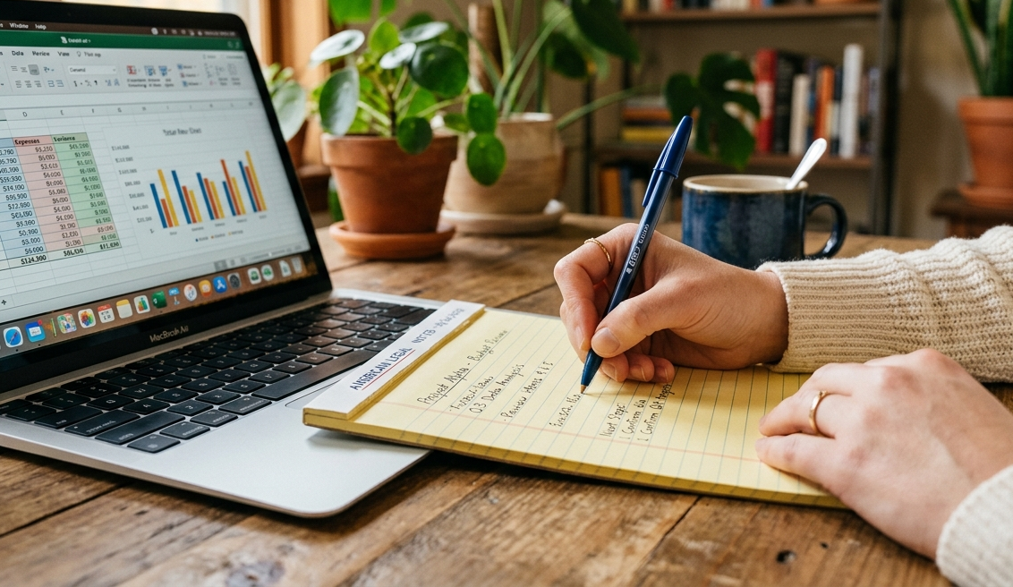 Mani che prendono appunti accanto a un laptop con fogli di calcolo finanziari
