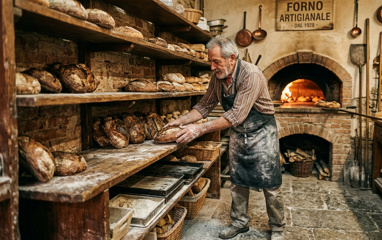 Artigiano panettiere italiano sistema il pane fresco sugli scaffali di legno nella sua bottega
