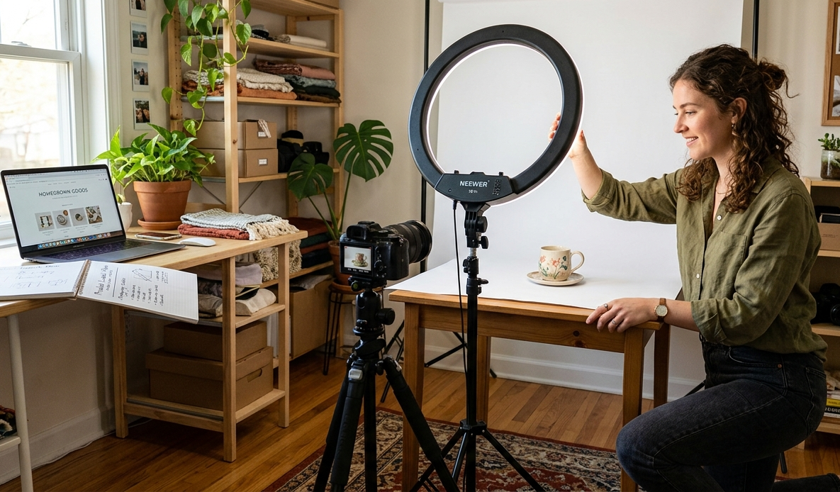 Giovane imprenditrice prepara una postazione fotografica per e-commerce a casa
