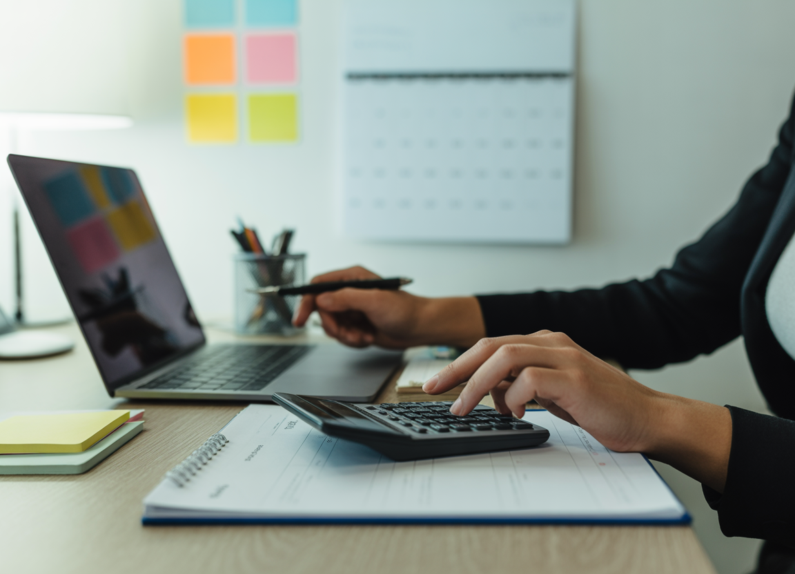 Persona che usa calcolatrice e laptop per pianificazione finanziaria alla scrivania