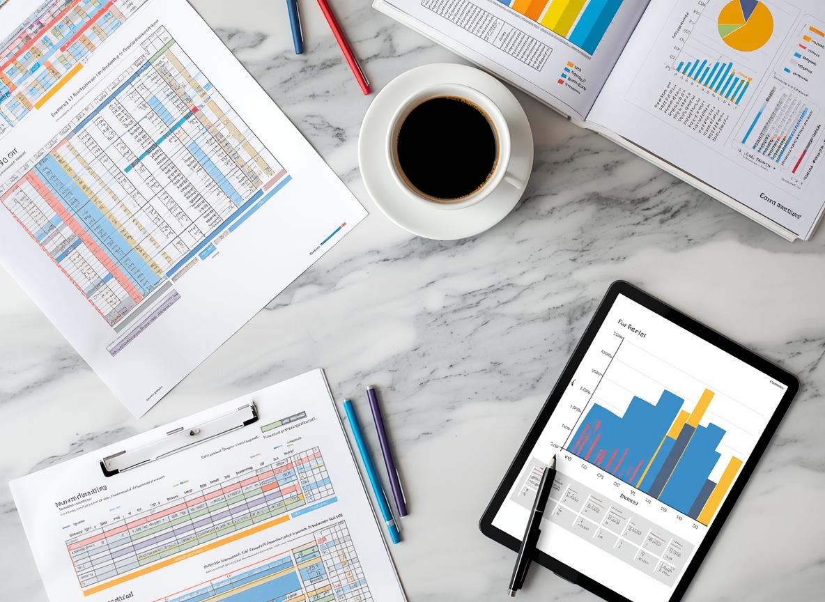 Sessione di pianificazione finanziaria con fogli di calcolo stampati e tablet con grafici